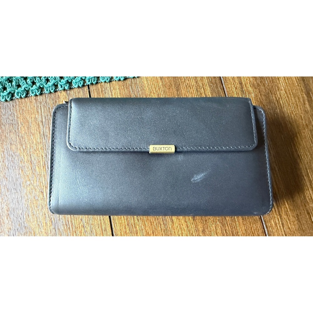 Buxton Black Genuine Leather Clutch Wallet Checkbook Organizer Gold Tone Snap
